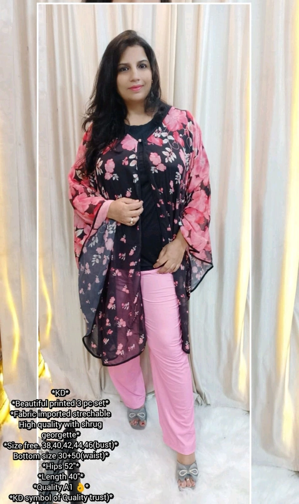 KD18 5370 *Beautiful printed 3 pc set* imported  strechable with shrug georgette - Pink Lace, 3XL-46