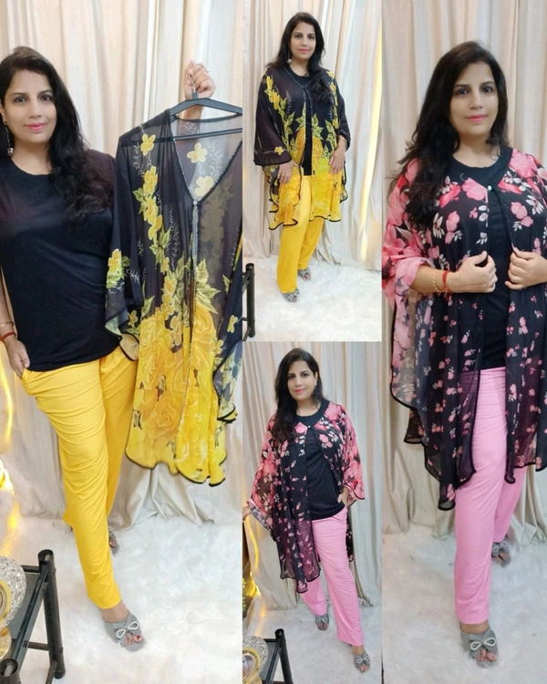 KD18 5370 *Beautiful printed 3 pc set* imported  strechable with shrug georgette - Yellow, XL-42