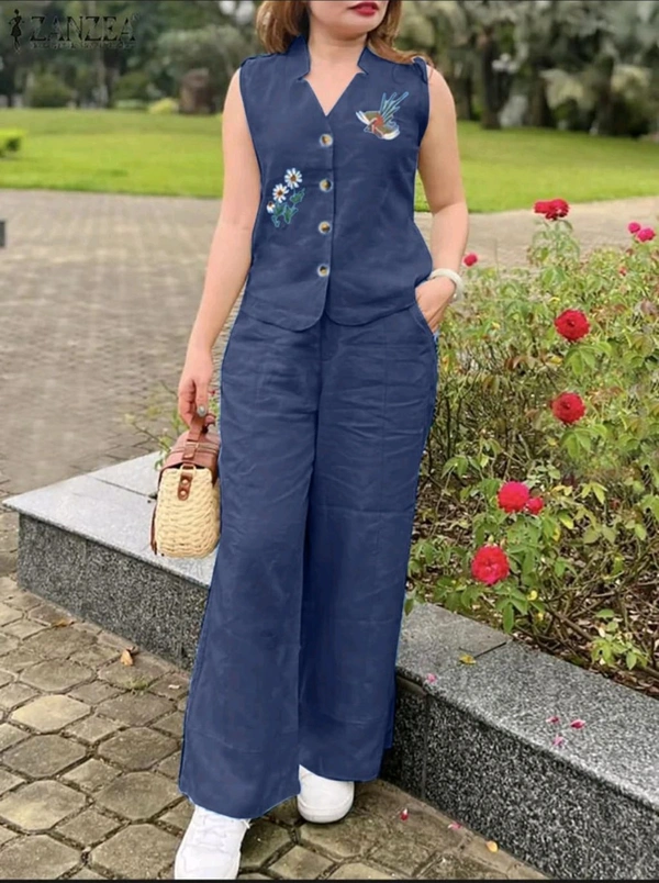 SF2 5373 Premium cotton Co-ords Sets Beautiful Aari Bird & Floral Work  - Navy Blue, L-40
