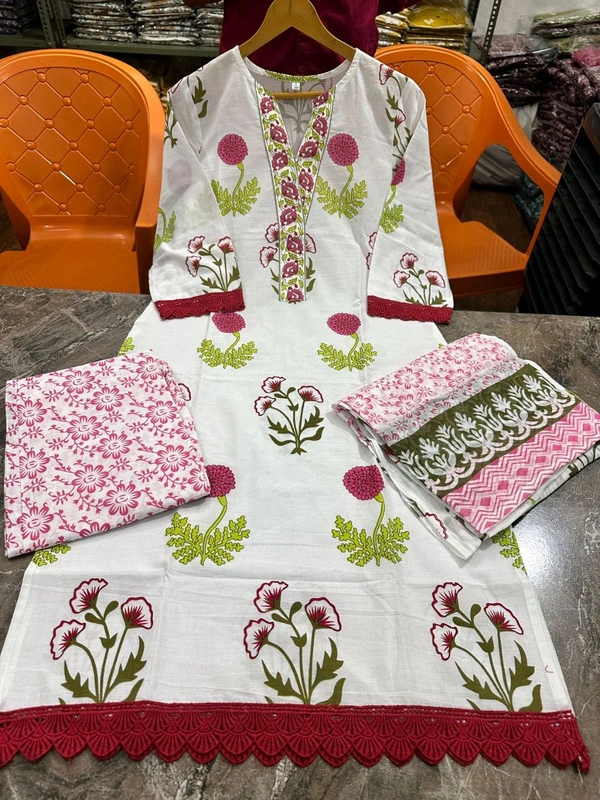 KDJ 5376 BEAUTIFUL LESS WORK COTTON DRESS KURTA PANT DUPATTA   - L-40