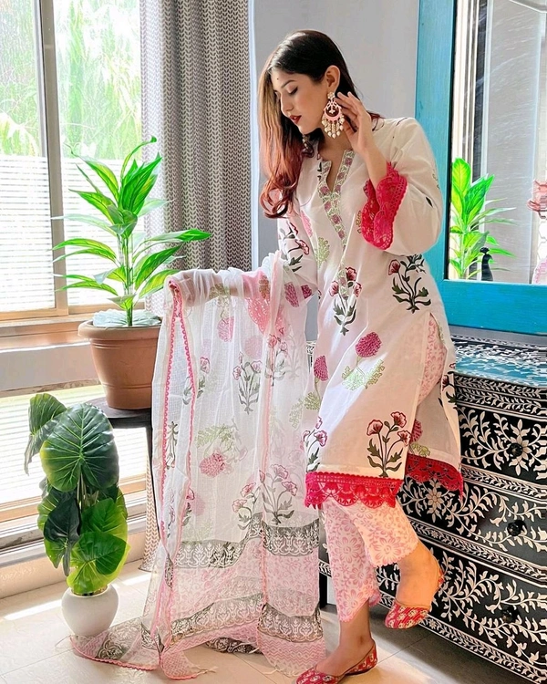 KDJ 5376 BEAUTIFUL LESS WORK COTTON DRESS KURTA PANT DUPATTA   - XL-42