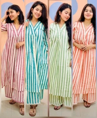 SF2 5379  Lovely bright color For  lightweight dress  Rayon A-Line stripe printed kurti With Pant  - Pink Lace, M-38
