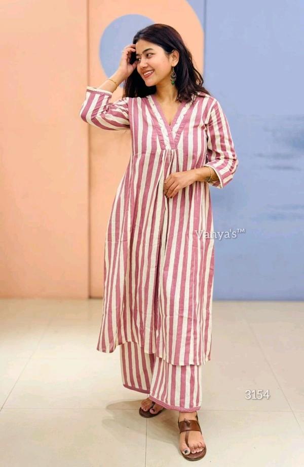 SF2 5379  Lovely bright color For  lightweight dress  Rayon A-Line stripe printed kurti With Pant  - Pink Lace, XL-42