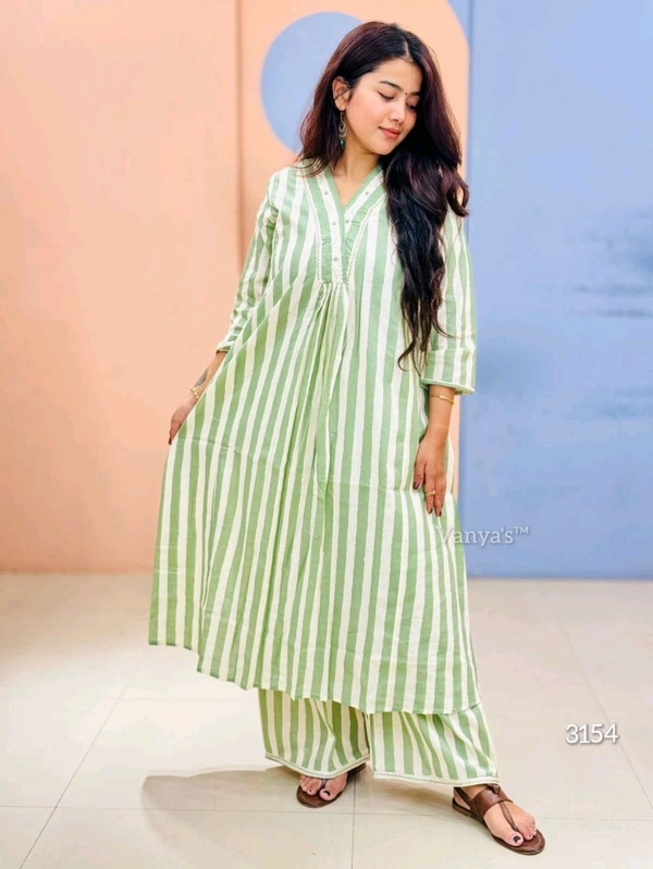 SF2 5379  Lovely bright color For  lightweight dress  Rayon A-Line stripe printed kurti With Pant  - Mint Green, M-38