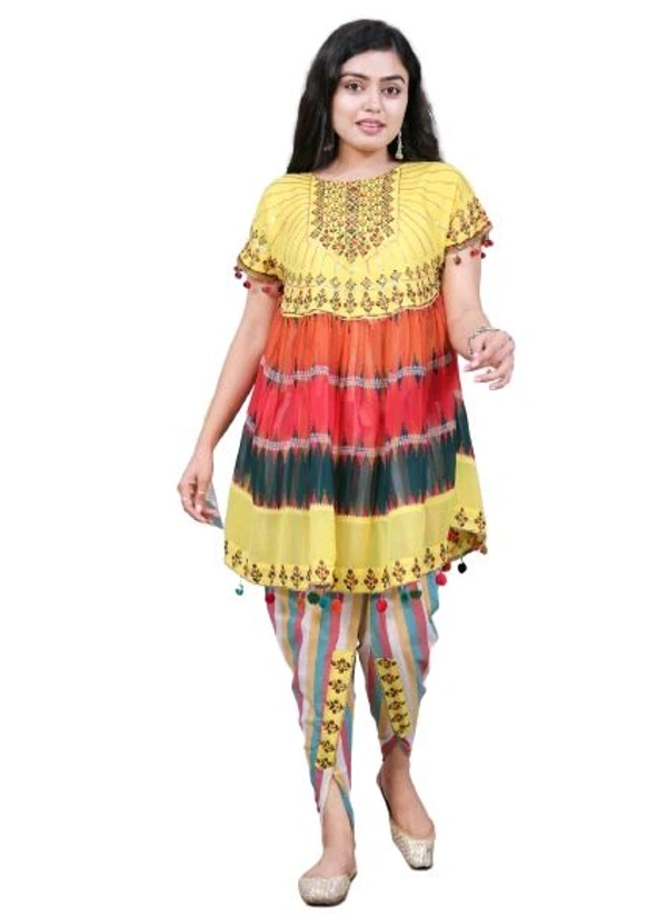 ARM 5393  Dhoti and kediya  Fox  Georgette- Real mirror and Thread Work  - Yellow, L-40