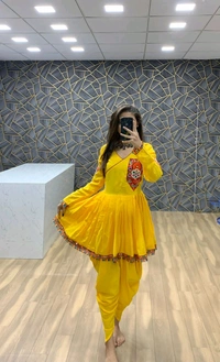 SF2 5406  Premium Rayon Designer Top and Dhoti Set in Embroidery work and Less   - Yellow, M-38