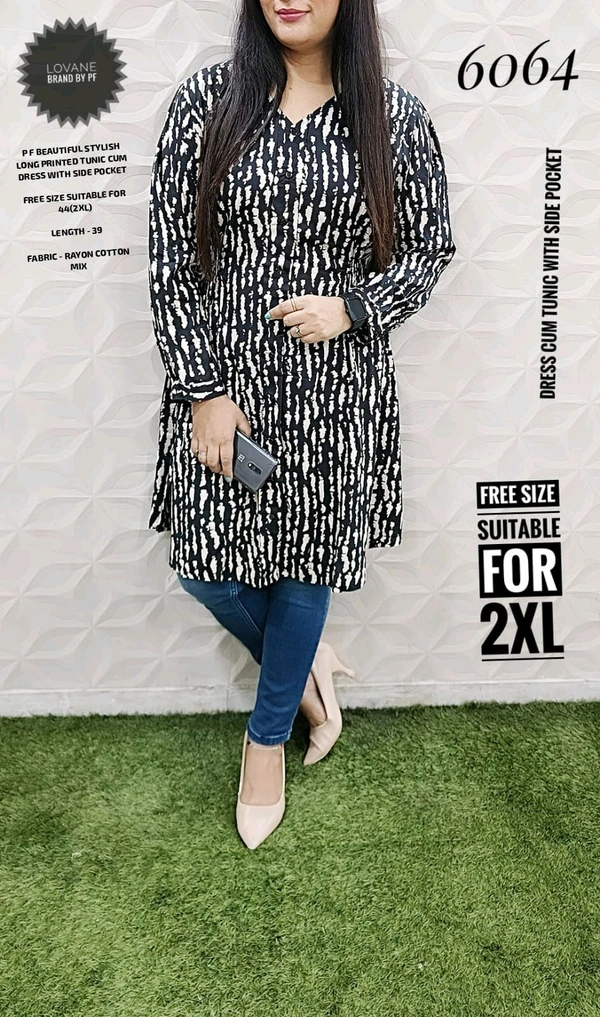PFD 6064 STYLISH RAYON COTTON  LONG PRINTED TUNIC CUM DRESS WITH SIDE POCKET - Black, 2XL-44