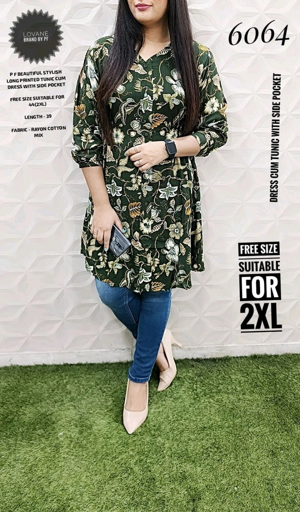 PFD 6064 STYLISH RAYON COTTON  LONG PRINTED TUNIC CUM DRESS WITH SIDE POCKET - Green, 2XL-44