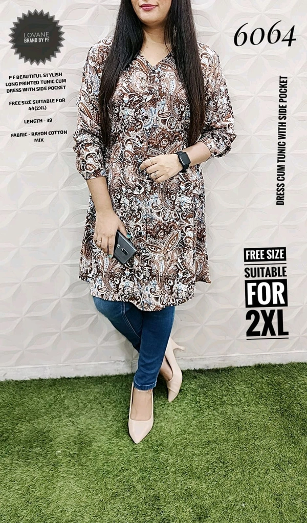 PFD 6064 STYLISH RAYON COTTON  LONG PRINTED TUNIC CUM DRESS WITH SIDE POCKET - White, 2XL-44