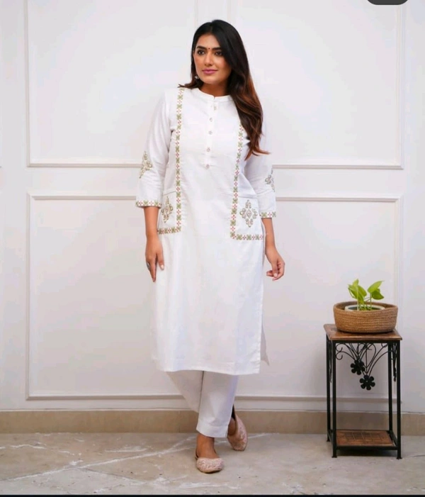 SF2  5412 New launch HAVY Cotton  classy  kurti pant  with embroidery & button work  - White, XL-42