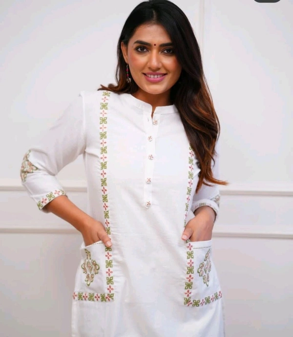 SF2  5412 New launch HAVY Cotton  classy  kurti pant  with embroidery & button work  - White, XL-42