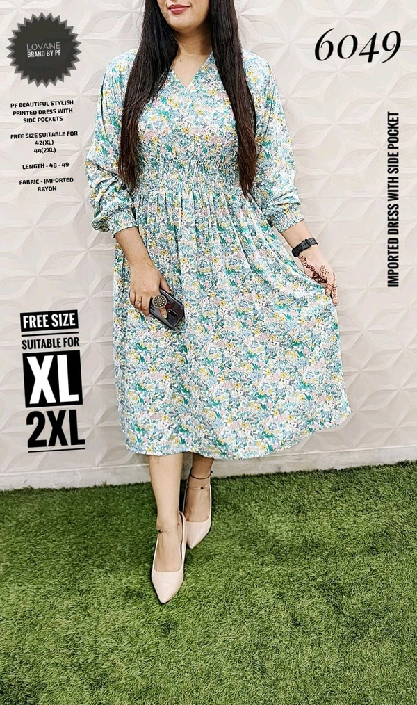 PFD 6049 BEAUTIFUL STYLISH  RAYON DRESS WITH SIDE POCKET*  - Eastern Blue, 2XL-44