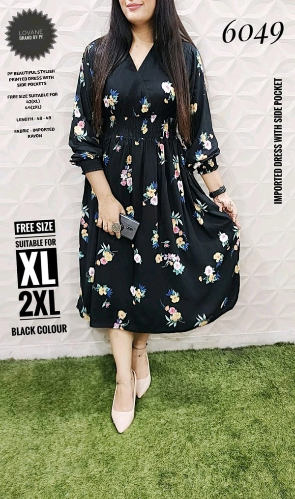 PFD 6049 BEAUTIFUL STYLISH  RAYON DRESS WITH SIDE POCKET*  - Black, XL-42
