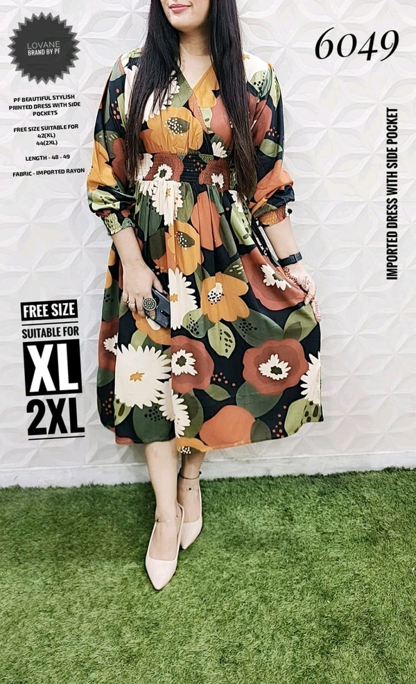 PFD 6049 BEAUTIFUL STYLISH  RAYON DRESS WITH SIDE POCKET*  - Gold, XL-42