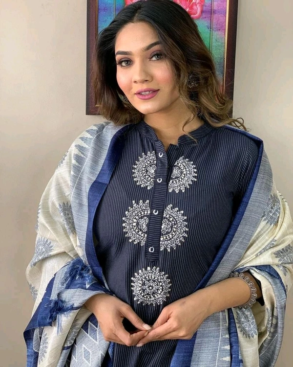 SF3 5417 Pure Cotton Kurta  suit set  embroidery work paired with flower kota silk dupatta and cotton pants  - M-38