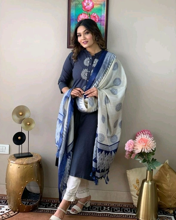 SF3 5417 Pure Cotton Kurta  suit set  embroidery work paired with flower kota silk dupatta and cotton pants  - L-40