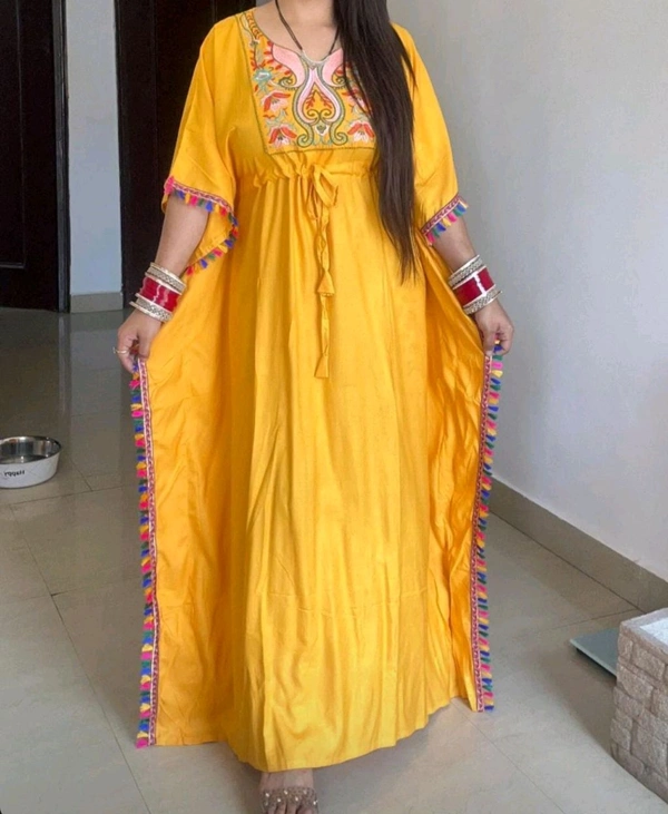 KD18 5419 Designer solid Cotton REYON  Kaftan With embroidery Work  - Yellow, 4XL-48