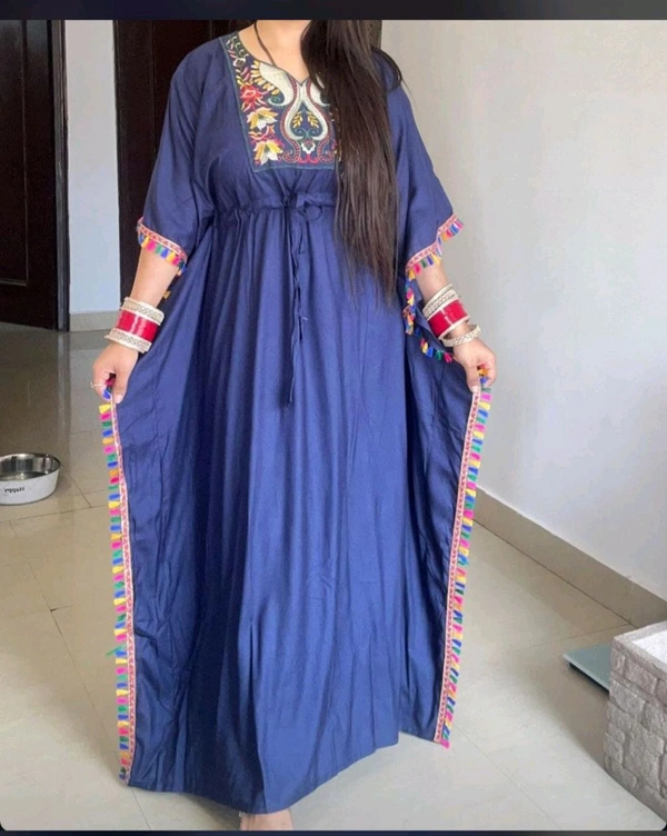 KD18 5419 Designer solid Cotton REYON  Kaftan With embroidery Work  - Blue, 10XL-60