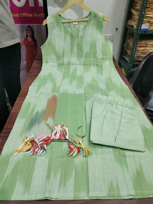SF3 5423  South cotton handloom kurti  handloom cotton pants and dupatta*  - Green, XL-42