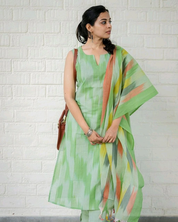 SF3 5423  South cotton handloom kurti  handloom cotton pants and dupatta*  - Green, 2XL-44