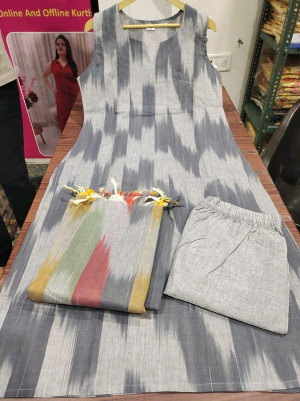 SF3 5423  South cotton handloom kurti  handloom cotton pants and dupatta*  - Gray, M-38