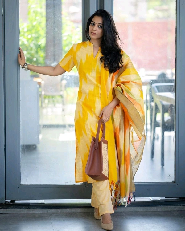 SF3 5423  South cotton handloom kurti  handloom cotton pants and dupatta*  - Yellow, M-38