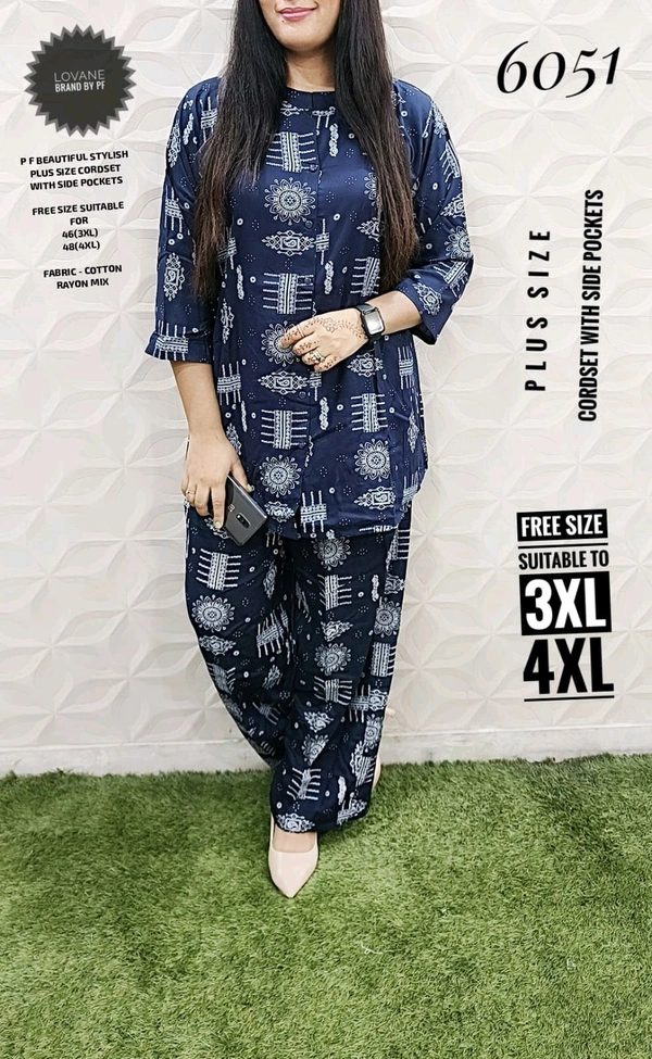 PFD 6051 BEAUTIFUL STYLISH PRINTED RAYON MIX  CORDSET  WITH SIDE POCKETS*  - Navy Blue, 4XL-48