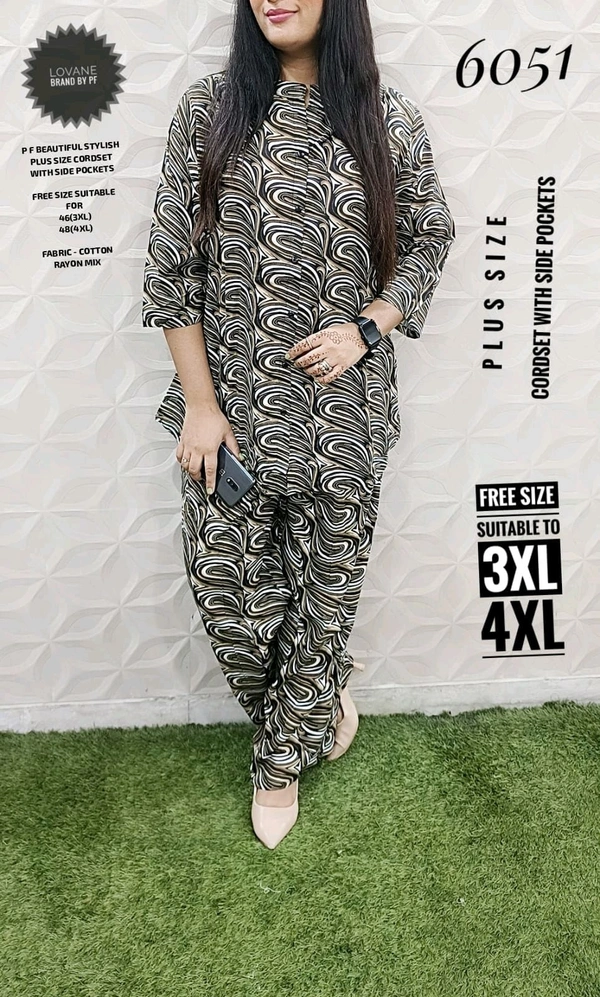 PFD 6051 BEAUTIFUL STYLISH PRINTED RAYON MIX  CORDSET  WITH SIDE POCKETS*  - Gray, 3XL-46