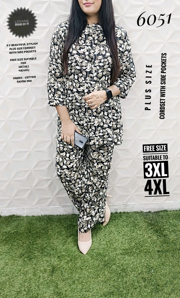 PFD 6051 BEAUTIFUL STYLISH PRINTED RAYON MIX  CORDSET  WITH SIDE POCKETS*  - Silver Grey, 3XL-46
