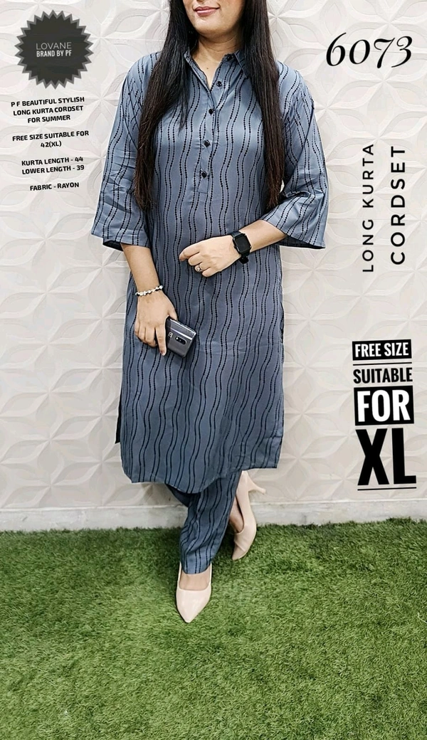PFD 6073 STYLISH RAYON COTTON KURTA CORDSET   - Gray, XL-42