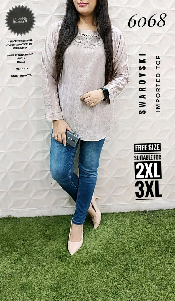 PFD 6068 BEAUTIFUL STYLISH SWAROVSKI TOP BEST QUALITY STUFF - Gray, 3XL-46