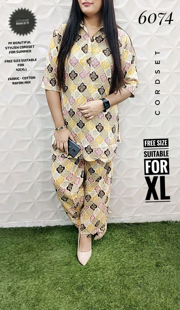 PFD 6074 STYLISH  CORDSET  RAYON AND SLUB COTTON  - Golden yellow, XL-42
