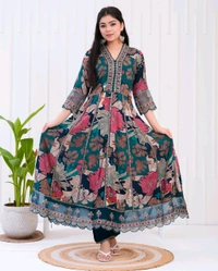 KDJ 5442  Floral Muslin mix soft comfortable and Full Hand Work Kurti & Pant - L-40