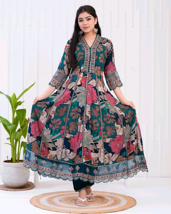 KDJ 5442  Floral Muslin mix soft comfortable and Full Hand Work Kurti & Pant - L-40