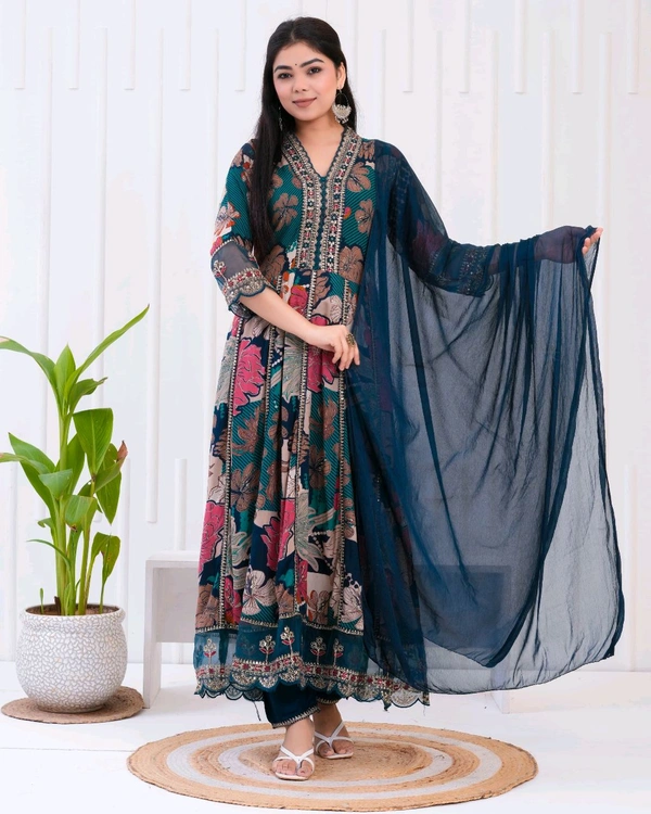 KDJ 5442  Floral Muslin mix soft comfortable and Full Hand Work Kurti & Pant - XL-42
