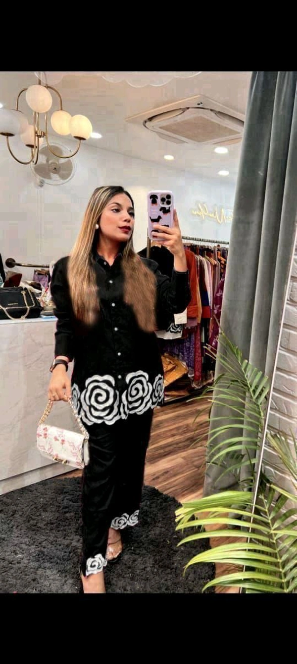 SF2 5445 Trending Reyon two pc sets  embroidery  on daman of tunic top and bottom too._It's a must for ALL shapes and a smart party outfit  - Black, L-40