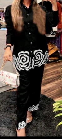 SF2 5445 Trending Reyon two pc sets  embroidery  on daman of tunic top and bottom too._It's a must for ALL shapes and a smart party outfit  - Black, L-40