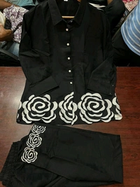 SF2 5445 Trending Reyon two pc sets  embroidery  on daman of tunic top and bottom too._It's a must for ALL shapes and a smart party outfit  - Black, L-40