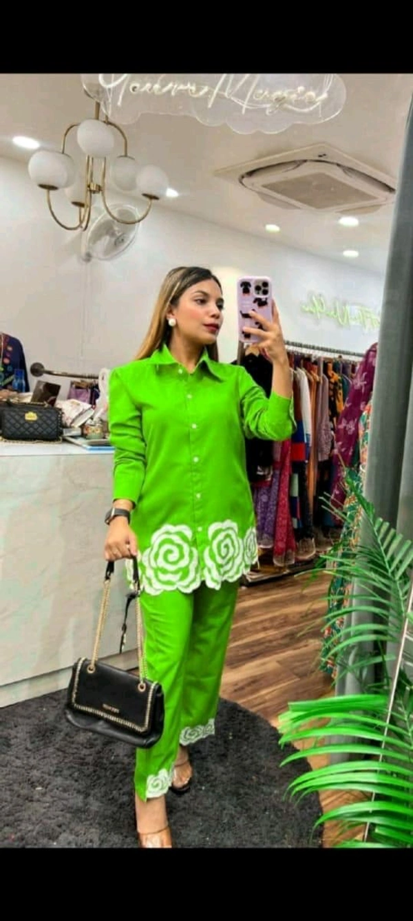 SF2 5445 Trending Reyon two pc sets  embroidery  on daman of tunic top and bottom too._It's a must for ALL shapes and a smart party outfit  - Green, XL-42
