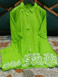SF2 5445 Trending Reyon two pc sets  embroidery  on daman of tunic top and bottom too._It's a must for ALL shapes and a smart party outfit  - Green, XL-42