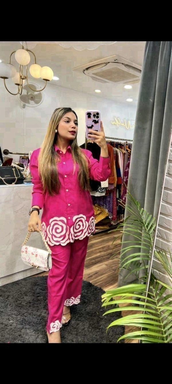 SF2 5445 Trending Reyon two pc sets  embroidery  on daman of tunic top and bottom too._It's a must for ALL shapes and a smart party outfit  - Pink, XL-42