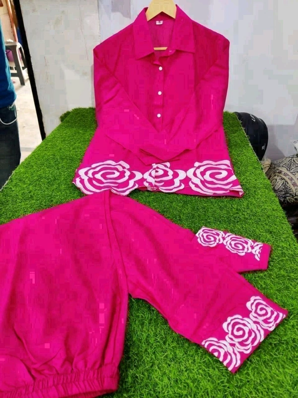 SF2 5445 Trending Reyon two pc sets  embroidery  on daman of tunic top and bottom too._It's a must for ALL shapes and a smart party outfit  - Pink, XL-42