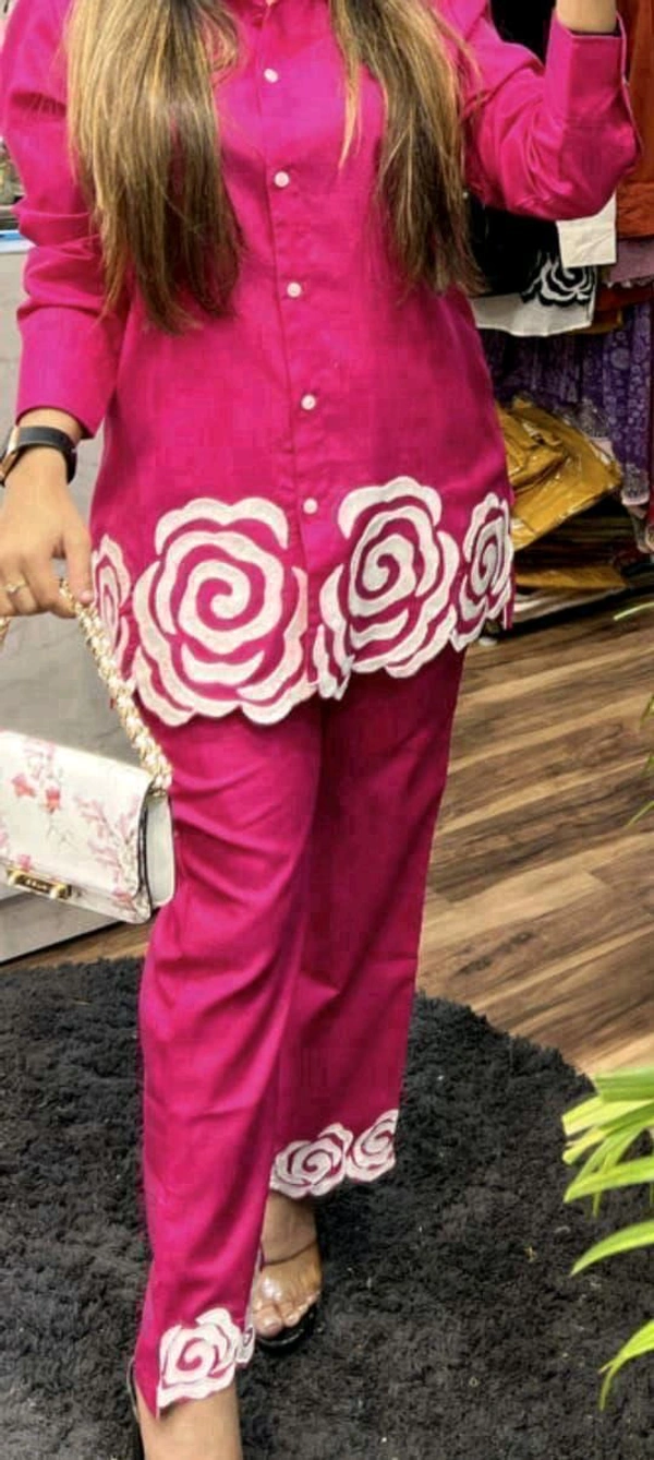 SF2 5445 Trending Reyon two pc sets  embroidery  on daman of tunic top and bottom too._It's a must for ALL shapes and a smart party outfit  - Pink, XL-42