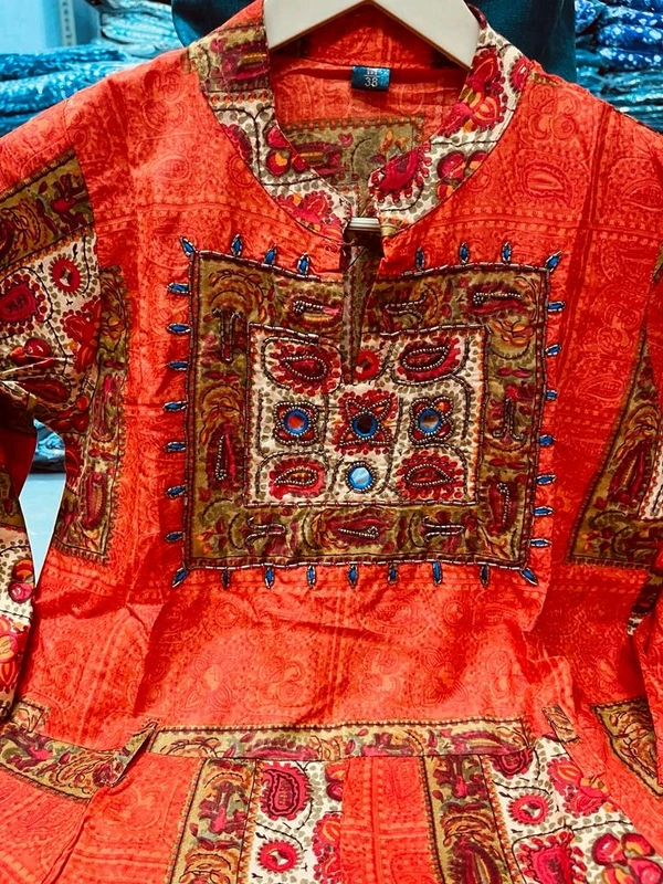 SF2 5450  heavy rayon  beautifully printed gown detailing mirror & tubelight handwork  - Orange, M-38