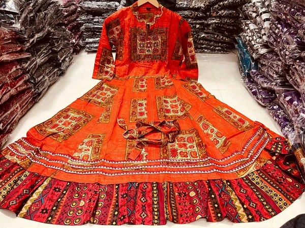 SF2 5450  heavy rayon  beautifully printed gown detailing mirror & tubelight handwork  - Orange, XL-42