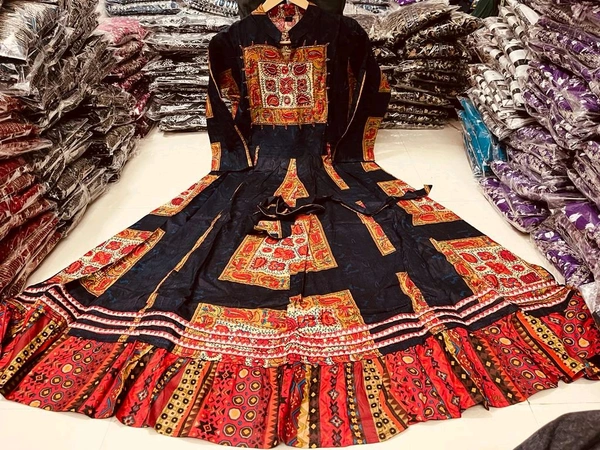 SF2 5450  heavy rayon  beautifully printed gown detailing mirror & tubelight handwork  - Black, 2XL-44