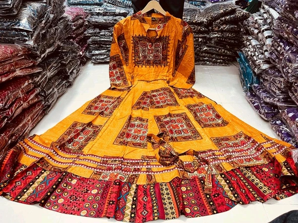 SF2 5450  heavy rayon  beautifully printed gown detailing mirror & tubelight handwork  - Yellow, XL-42