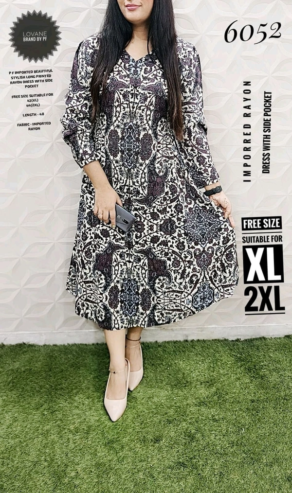 PFD 6052 BEAUTIFUL STYLISH PRINTED LONG DRESS WITH SIDE POCKET  RAYON COTTON MIX - Black, 2XL-44