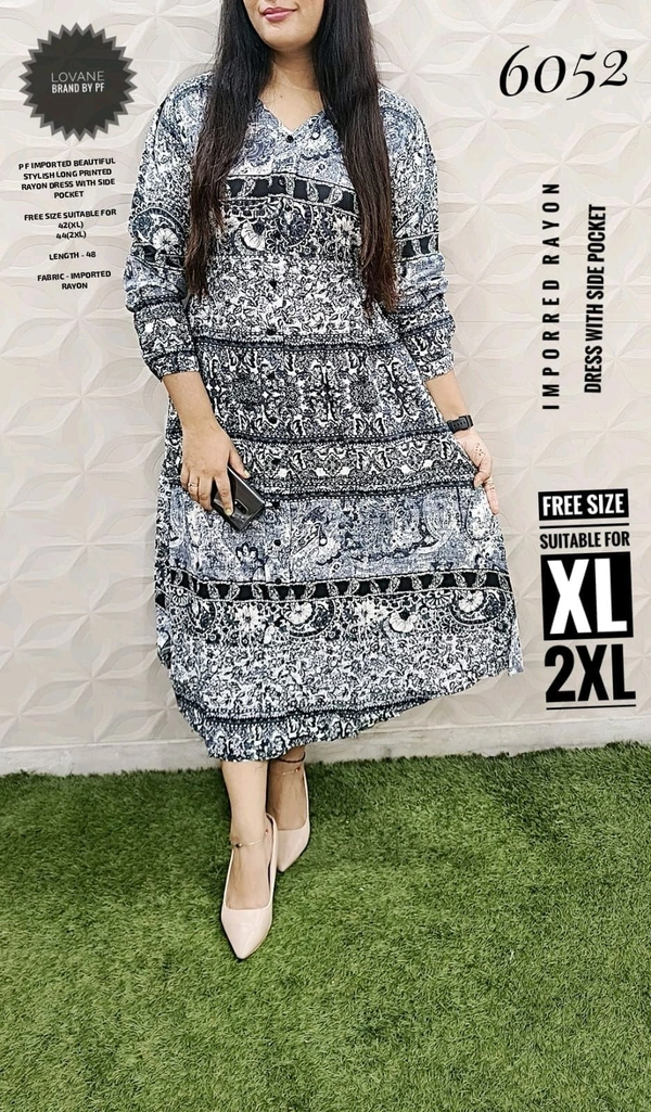 PFD 6052 BEAUTIFUL STYLISH PRINTED LONG DRESS WITH SIDE POCKET  RAYON COTTON MIX - Gray, XL-42