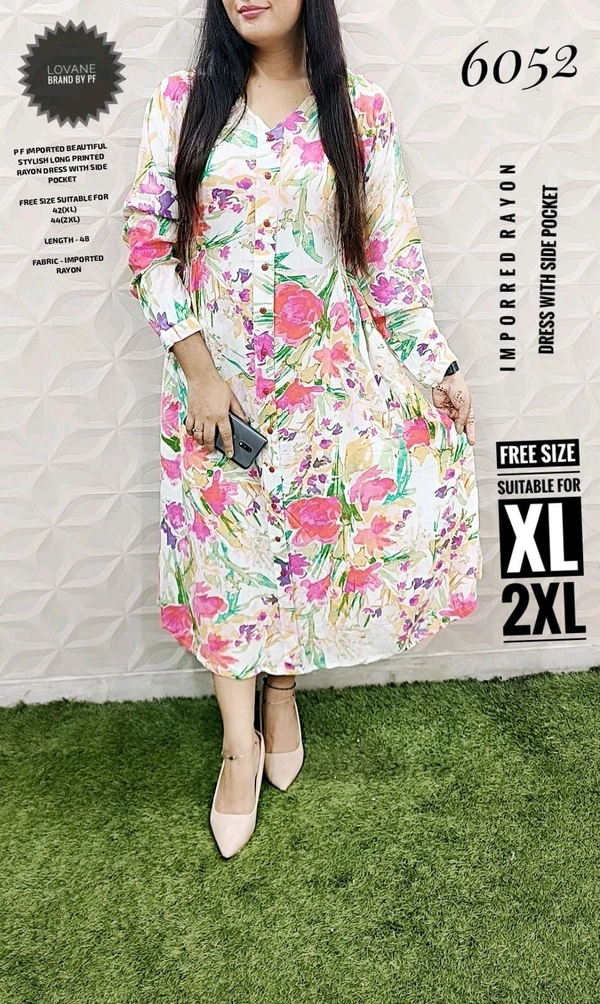 PFD 6052 BEAUTIFUL STYLISH PRINTED LONG DRESS WITH SIDE POCKET  RAYON COTTON MIX - White, XL-42
